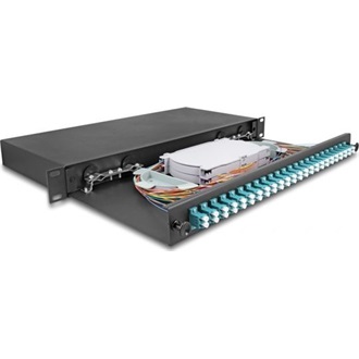 Delock 19  optikai szálösszefűző doboz 24 db. LC Duplex OM3 1U teljes elrendezés kész az összefűzésre