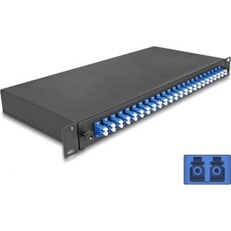 Delock 19  optikai szálösszefűző doboz 24 db. LC Duplex OS2 1U teljes elrendezés kész az összefűzésre