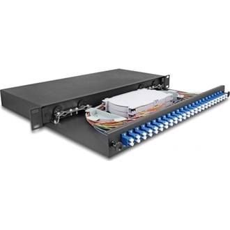 Delock 19  optikai szálösszefűző doboz 24 db. LC Duplex OS2 1U teljes elrendezés kész az összefűzésre
