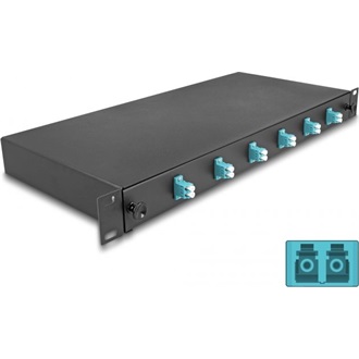 Delock 19  optikai szálösszefűző doboz 6 db. LC Duplex OM3 1U teljes elrendezés kész az összefűzésre