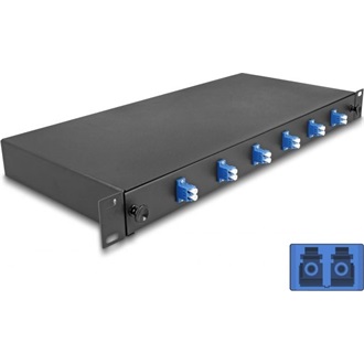Delock 19  optikai szálösszefűző doboz 6 db. LC Duplex OS2 1U teljes elrendezés kész az összefűzésre