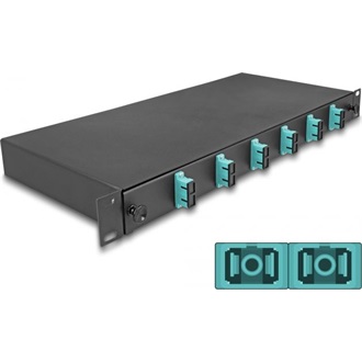 Delock 19  optikai szálösszefűző doboz 6 db. SC Duplex OM3 1U teljes elrendezés kész az összefűzésre