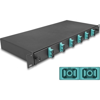 Delock 19  optikai szálösszefűző doboz 6 db. SC Duplex OM3 1U teljes elrendezés kész az összefűzésre