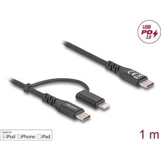 Delock 2 in 1 USB-C -> USB-C Lightning M/M adatkábel 1m fekete