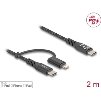Delock 2 in 1 USB-C -> USB-C Lightning M/M adatkábel 2m fekete