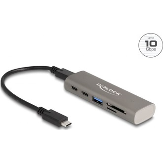 Delock 3 portos USB 10 Gbps hub beépített SD és Micro SD kártyaolvasóval, valamint USB Type-C  csatlakoztatóval