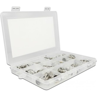 Delock 48 darabos krimp doboz 50 Ohm BNC, TNC és N csatlakozókkal