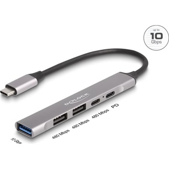 Delock 4 portos vékony USB Type-C  Hub 1 x A-típusú USB 10 Gbps, 2 x USB 2.0 A-típusú és 1 x USB 2.0 USB Type-C , valami