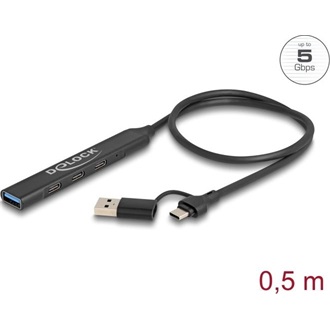 Delock 4 portos vékony USB hub USB Type-C  vagy A-típusú USB csatlakoztatóval és 3 x USB 5 Gbps USB Type-C  és 1 x USB 5