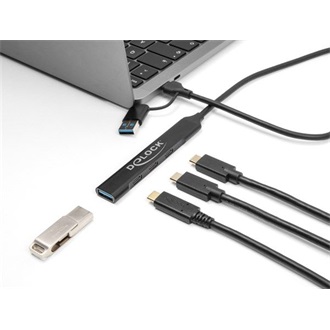 Delock 4 portos vékony USB hub USB Type-C  vagy A-típusú USB csatlakoztatóval és 3 x USB 5 Gbps USB Type-C  és 1 x USB 5