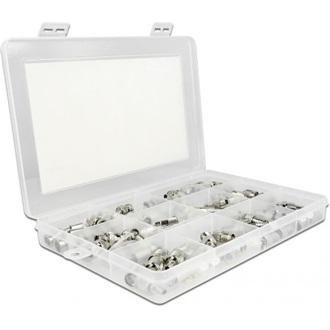 Delock 70 darabos krimp doboz 75 Ohm BNC, TNC és F csatlakozókkal