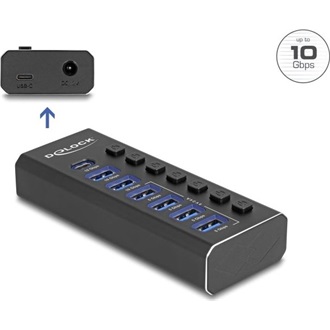 Delock 7 portos USB hub 4 10 Gbps-s porttal és 4 gyorstöltő porttal kijelzővel és kapcsolóval