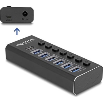 Delock 7 portos USB hub 4 10 Gbps-s porttal és 4 gyorstöltő porttal kijelzővel és kapcsolóval