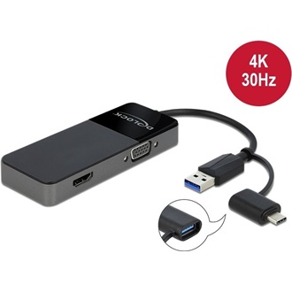 Delock USB-A 3.0 USB-C -> HDMI 1.4 VGA M/F adapter 0.15m fekete