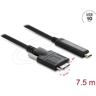 Delock Aktív optikai kábel USB 10 Gbps USB Type-C  apa > USB 10 Gbps Micro-B Típusú dugó csavarokkal ellátott 7,5 m
