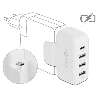 Delock USB-C -> USB-C 3db USB-A 2.0 M/F tápadapter fehér QC 3.0, PD 3.0, BC 1.2 