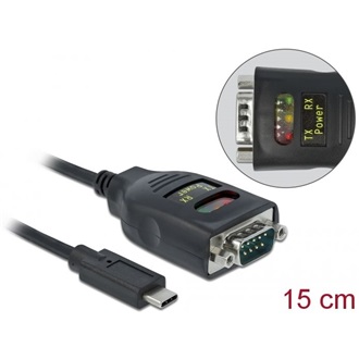 Delock USB-C -> Serial RS-232 DB9 M/M adapter 0.15m fekete 15kV ESD védelemmel