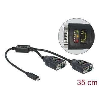 Delock USB-C -> 2db Serial RS-232 DB9 M/M adapter 0.35m fekete 15kV ESD védelemmel