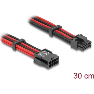 Delock Bővítő kábel 8 tűs apa - 6 + 2 tűs PCIe anya textil, fekete-piros borítással 30 cm