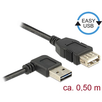 Delock Easy-USB A -> USB-A 2.0 M/F adatkábel hosszabbító 0.5m fekete 90°/egyenes