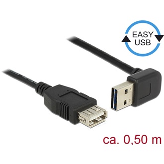 Delock Easy-USB A -> USB-A 2.0 M/F adatkábel hosszabbító 0.5m fekete 90°/egyenes