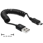 Delock USB-A 2.0 -> USB-B 2.0 mini 5pin M/M adatkábel fekete spirál, 20-60cm