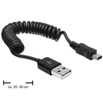 Delock USB-A 2.0 -> USB-B 2.0 mini 5pin M/M adatkábel fekete spirál, 20-60cm