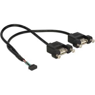 Delock USB-A Pinheader 9pin -> 2db USB-A 2.0 F/F adatkábel 0.25m fekete panel-mount