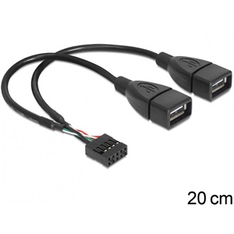Delock USB-A Pinheader 9pin -> 2db USB-A 2.0 F/F adatkábel 0.2m fekete
