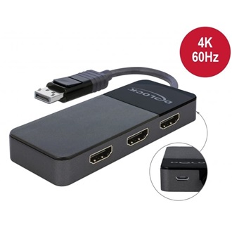 Delock DisplayPort 1.4 -> 3db HDMI 2.0 M/F aktív splitter 0.15m fekete MST