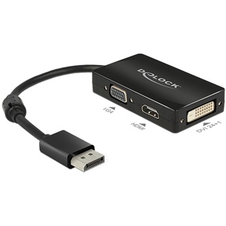 Delock Displayport -> VGA HDMI DVI-D M/F adapter 0.16m fekete