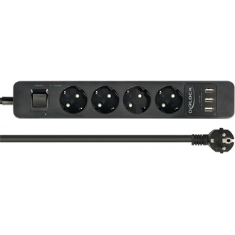 Delock Fekete színu négy foglalatú hosszabbítós konnektor USB töltovel és kisülés védelemmel