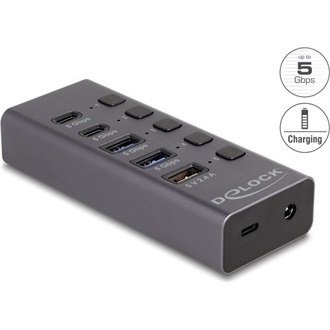 Delock Hub USB 5 Gbps 2 x A-típusú és 2 x USB Type-C  anya és 1 x gyorstöltő port + kapcsoló