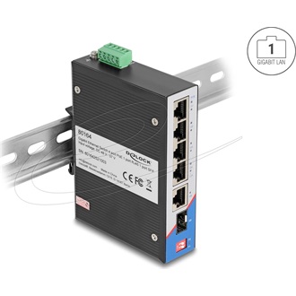 Delock Ipari Gigabit Ethernet Elosztó 4 port PoE 1 port RJ45 1 port SFP DIN sínhez
