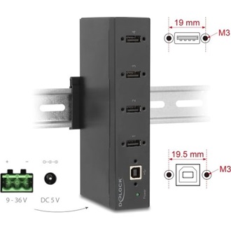 Delock Ipari Hub 4 x USB 2.0 A-típusú 15 kV ESD védelemmel és DIN sín beépítéssel