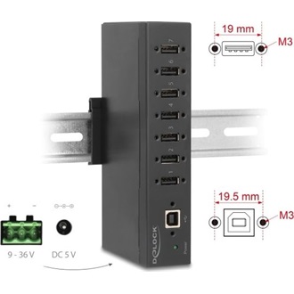 Delock Ipari Hub 7 x USB 2.0 A-típusú 15 kV ESD védelemmel és DIN sín beépítéssel