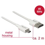 Delock HDMI Ethernet -> HDMI micro D M/M video jelkábel 2m fehér 4K 60Hz