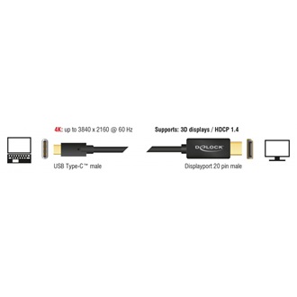 Delock USB-C -> Displayport M/M video kábel 1m fekete DP Alt Mode, 4K, 60Hz