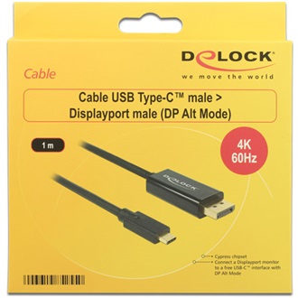 Delock USB-C -> Displayport M/M video kábel 1m fekete DP Alt Mode, 4K, 60Hz