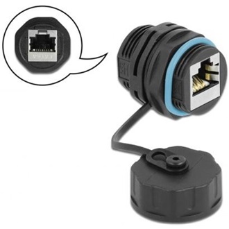 Delock RJ45 CAT6A STP -> RJ45 CAT6A STP F/F toldó fekete vízálló védősapkával