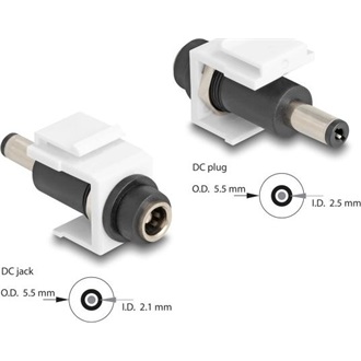 Delock Keystone modul, DC 5,5 x 2,1 mm-csatlakozóhüvely, DC 5,5 x 2,5 mm méretű apa, fehér