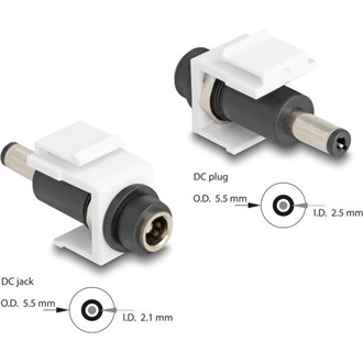 Delock Keystone modul, DC 5,5 x 2,1 mm-csatlakozóhüvely, DC 5,5 x 2,5 mm méretű apa, fehér