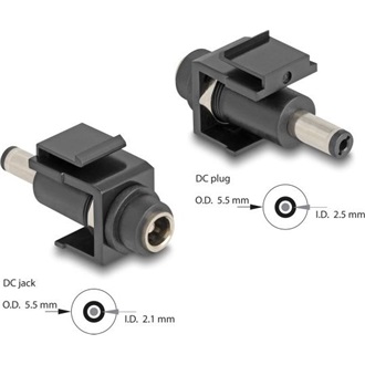 Delock Keystone modul, DC 5,5 x 2,1 mm-csatlakozóhüvely, DC 5,5 x 2,5 mm méretű apa, fekete