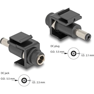 Delock Keystone modul, DC 5,5 x 2,5 mm-csatlakozóhüvely, DC 5,5 x 2,1 mm méretű apa, fekete