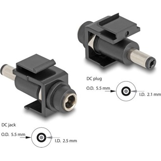 Delock Keystone modul, DC 5,5 x 2,5 mm-csatlakozóhüvely, DC 5,5 x 2,1 mm méretű apa, fekete