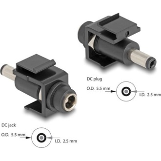 Delock Keystone modul, DC 5,5 x 2,5 mm-csatlakozóhüvely, DC 5,5 x 2,5 mm méretű apa, fekete