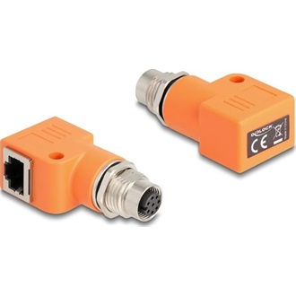 Delock M12 A-kódolt adapter 8 tűs anya - RJ45 anya Cat.5e beszerelő mélyedéssel, 90 -ban hajlított, narancssárga színű