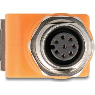 Delock M12 A-kódolt adapter 8 tűs anya - RJ45 anya Cat.5e beszerelő mélyedéssel, 90 -ban hajlított, narancssárga színű