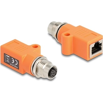 Delock M12 A-kódolt adapter 8 tűs anya - RJ45 anya Cat.5e beszerelő mélyedéssel, egyenes, narancssárga színű