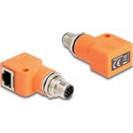 Delock M12 A-kódolt adapter 8 tűs apa - RJ45 anya Cat.5e beszerelő mélyedéssel, 90 -ban hajlított, narancssárga színű
